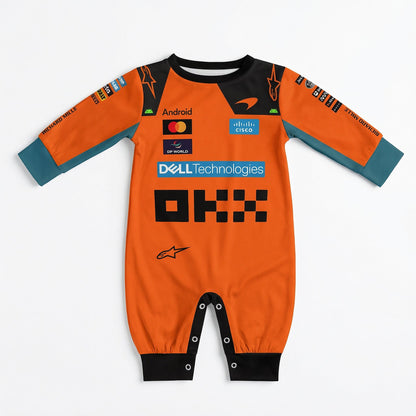 McLaren 2026 onesie jumpsuit front flat lay in orange and black with OKX and Dell team sponsor logos