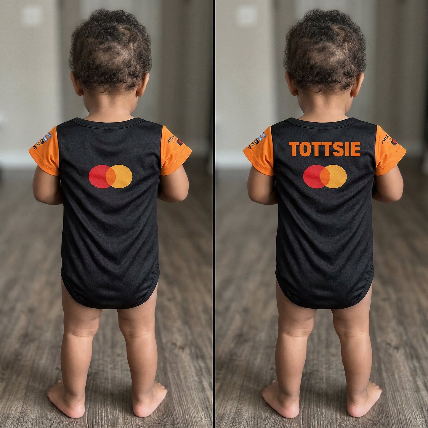 side by side personalization comparison with a toddler wearing mclaren babyb bodysuit onesie