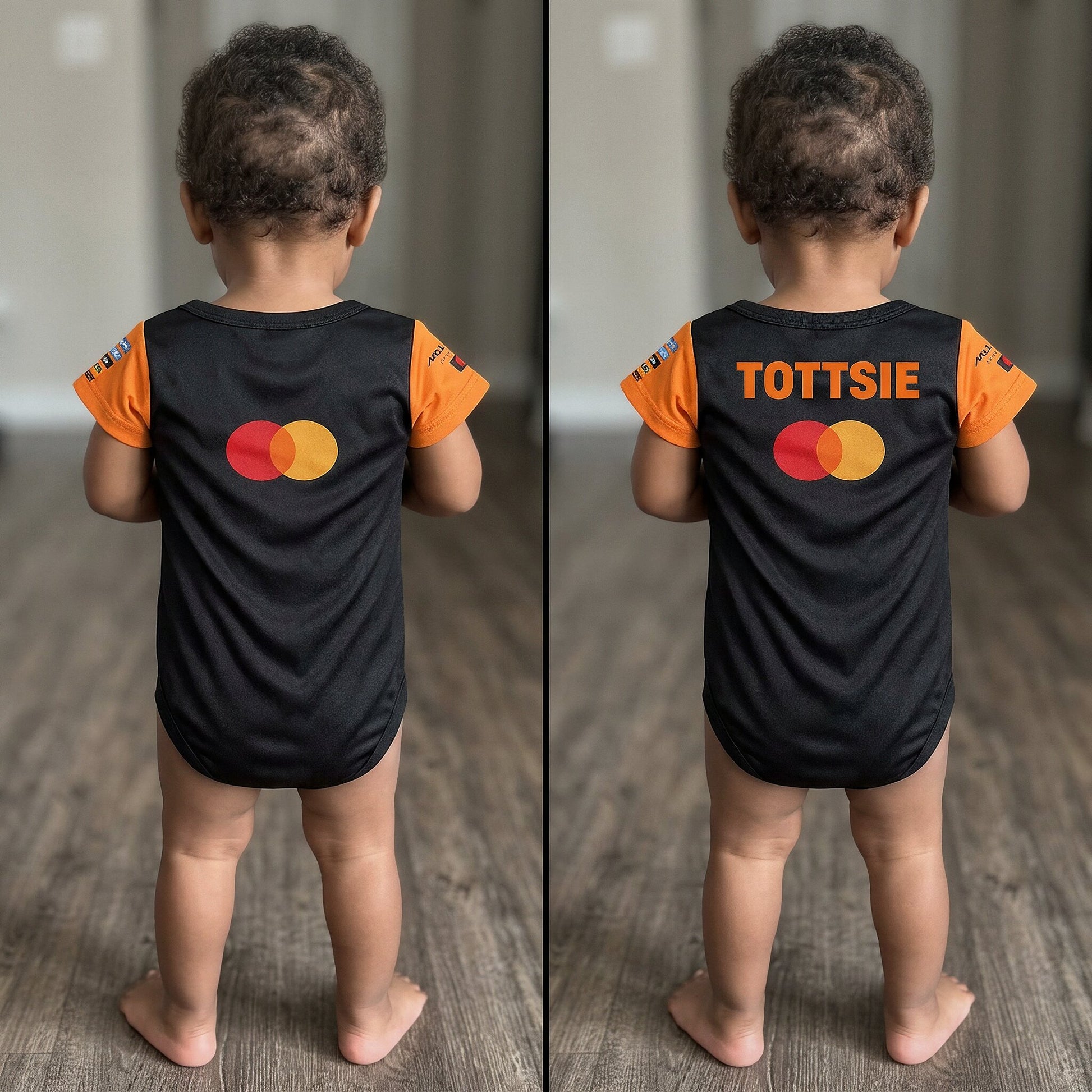 side by side personalization comparison with a toddler wearing mclaren babyb bodysuit onesie