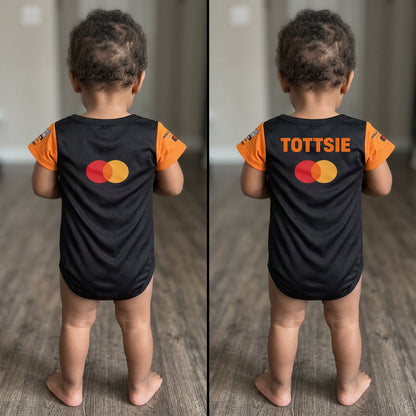 side by side personalization comparison with a toddler wearing mclaren babyb bodysuit onesie