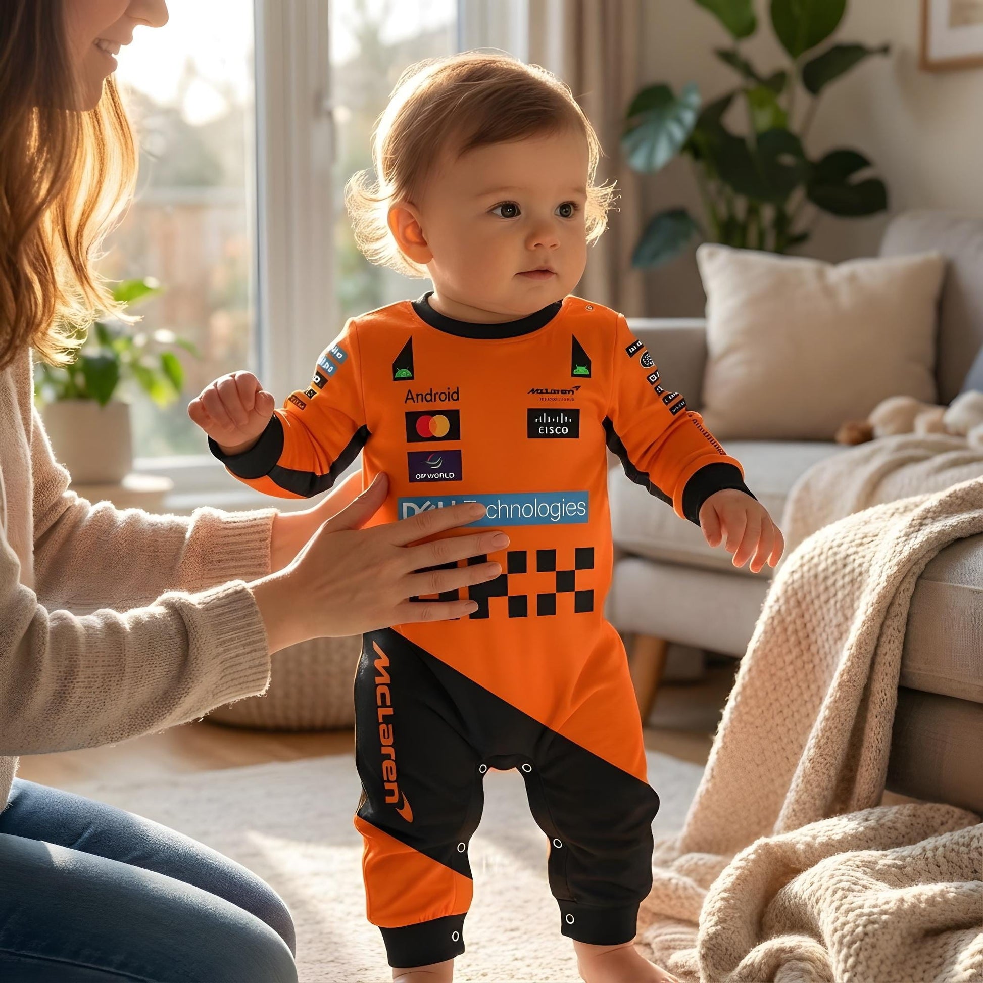 toddler with parent wearing mclaren baby onesie racing bodysuit