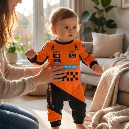 toddler with parent wearing mclaren baby onesie racing bodysuit