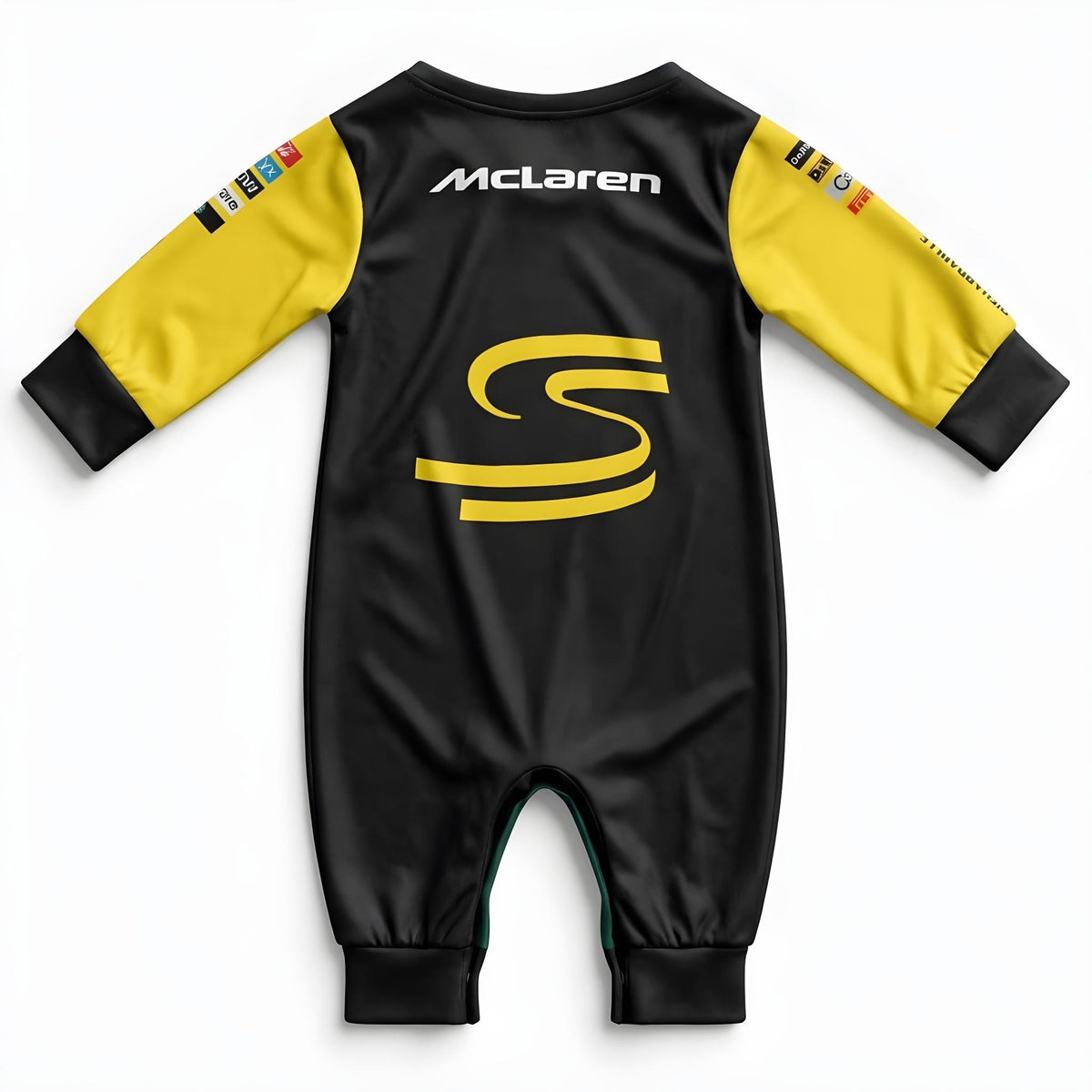 McLaren Senna baby onesie jumpsuit back view black with yellow sleeves McLaren logo and Senna S emblem