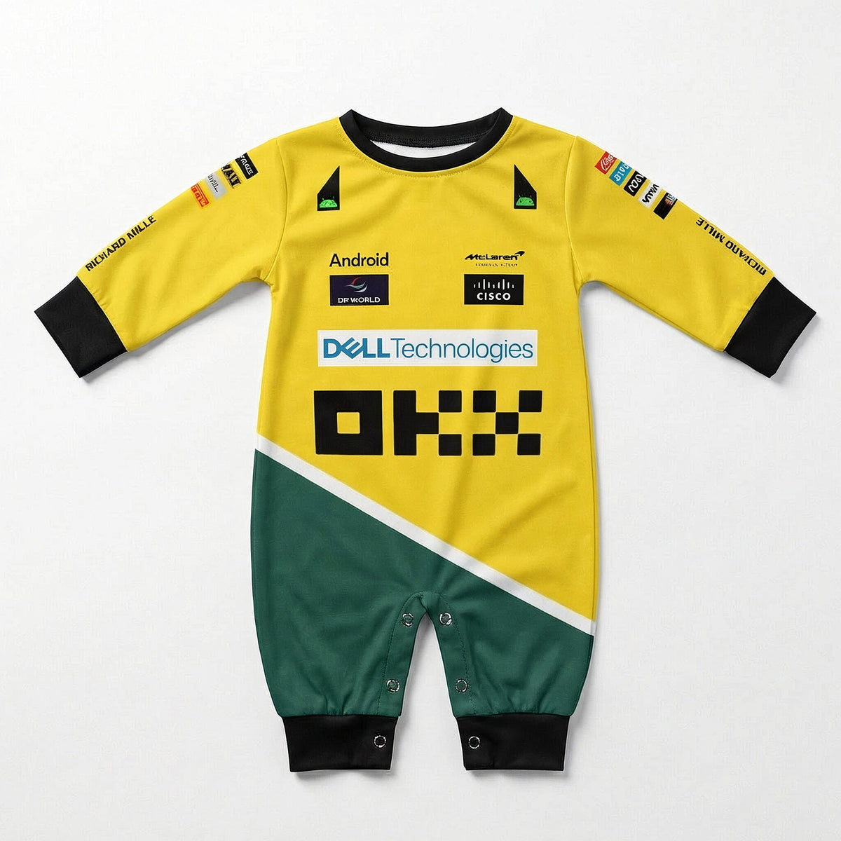 McLaren Senna baby onesie jumpsuit front view yellow and green with F1 team sponsor logos flat lay