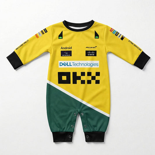 McLaren Senna baby onesie jumpsuit front view yellow and green with F1 team sponsor logos flat lay