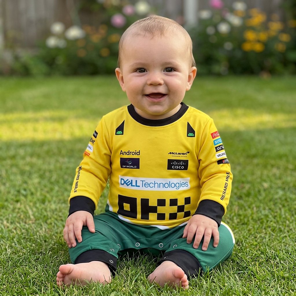 Baby sitting on grass wearing yellow green McLaren Senna F1 onesie jumpsuit smiling outdoors in garden