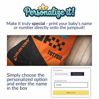McLaren  racing Formula One inspired baby oneise personalization instructions