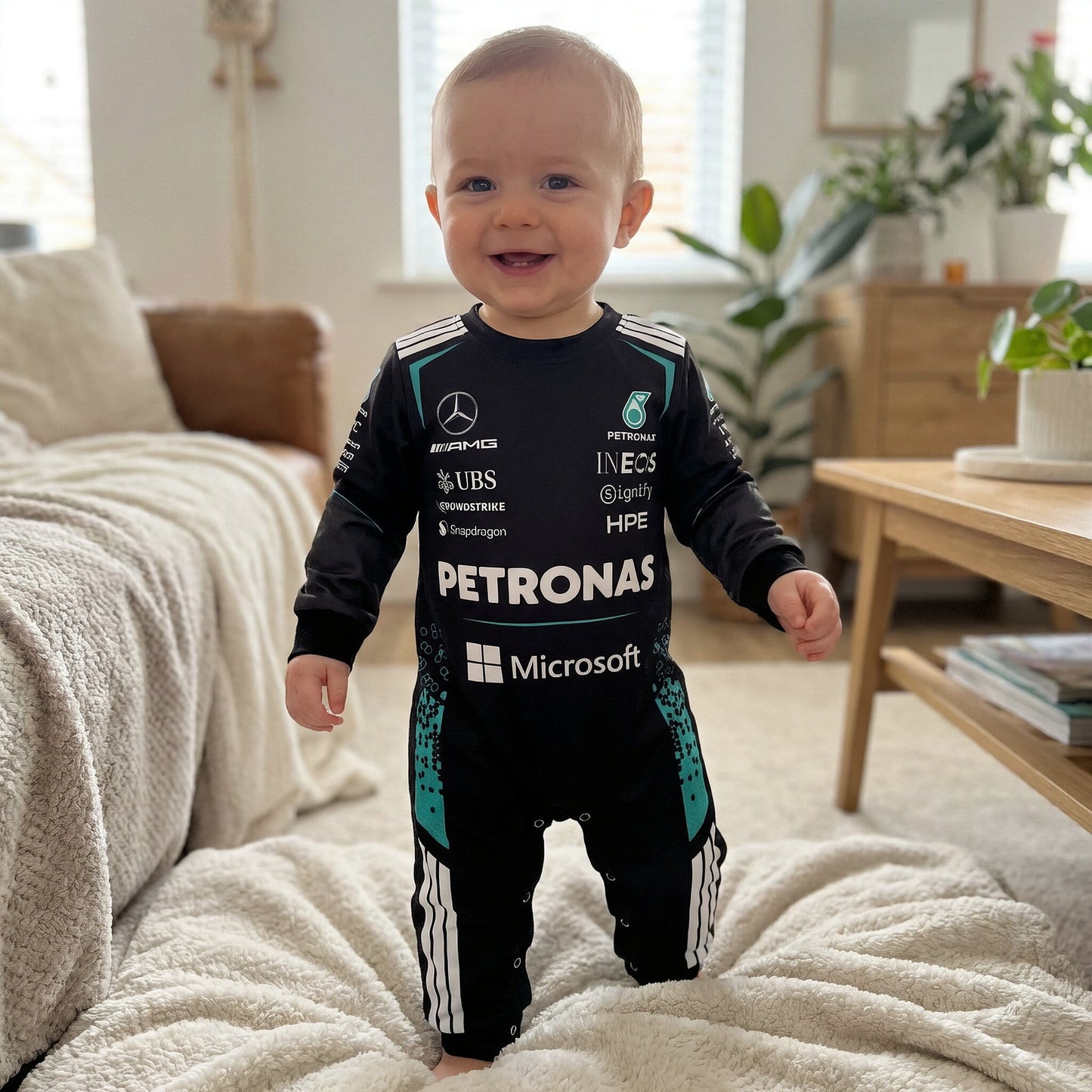 toddler wearing a 2026 season mercedes amg fomula one themed baby onesie jumpsuit in a living room