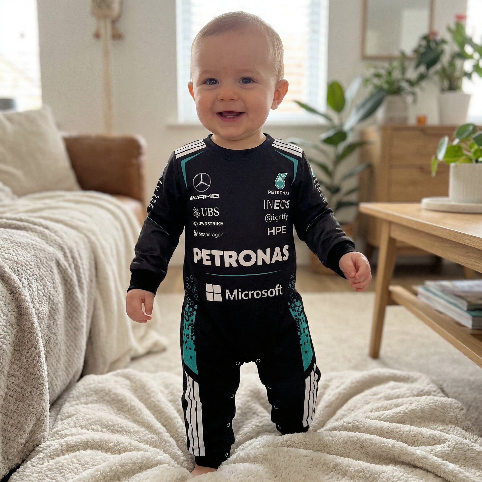 toddler wearing a 2026 season mercedes amg fomula one themed baby onesie jumpsuit in a living room