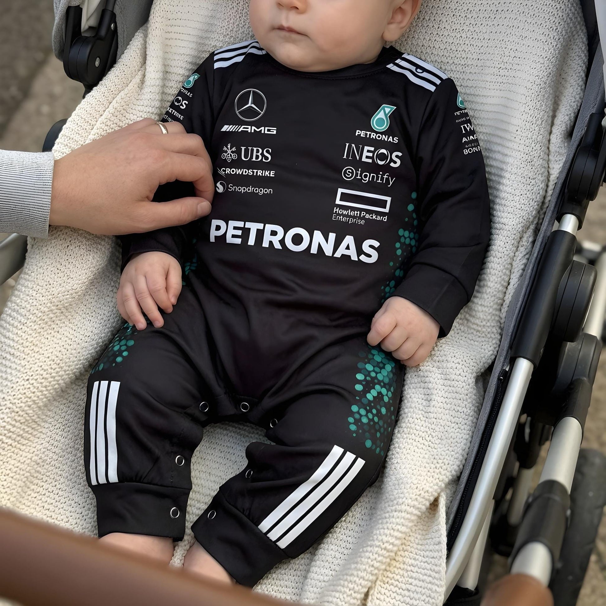 baby instroller wearing mercedes amg formula bodysuit