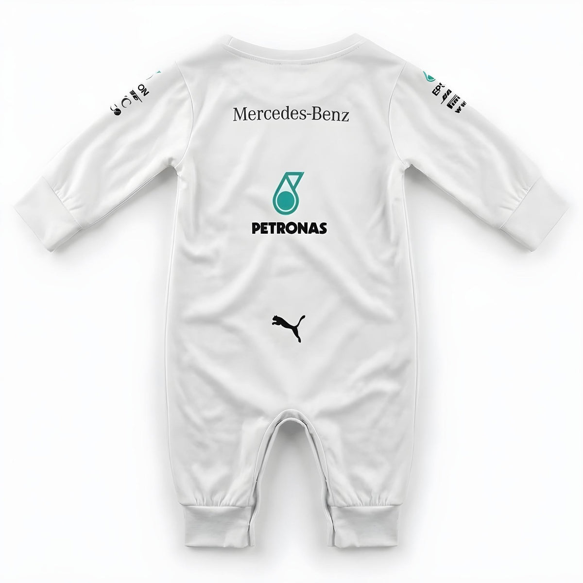 2018 Mercedes AMG Petronas F1 baby onesie back flat lay with Mercedes-Benz and Petronas print