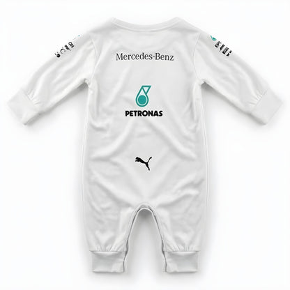 2018 Mercedes AMG Petronas F1 baby onesie back flat lay with Mercedes-Benz and Petronas print