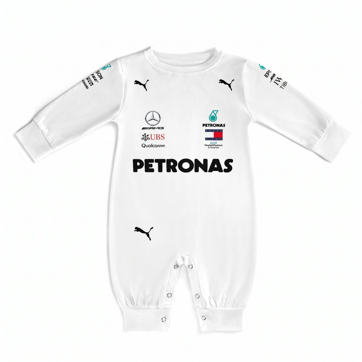 2018 Mercedes AMG Petronas F1 baby onesie front flat lay with Petronas and team sponsor logos