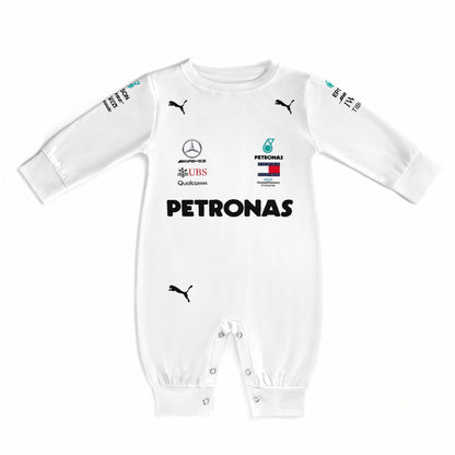 2018 Mercedes AMG Petronas F1 baby onesie front flat lay with Petronas and team sponsor logos
