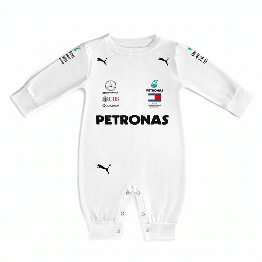 2018 Mercedes AMG Petronas F1 baby onesie front flat lay with Petronas and team sponsor logos