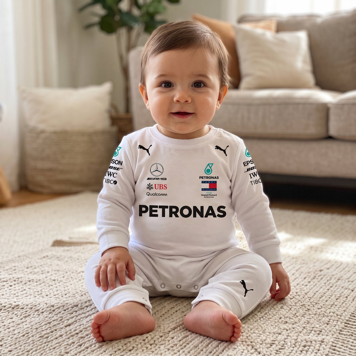 Baby sitting on a rug wearing white 2018 Mercedes AMG Petronas F1 onesie in a living room