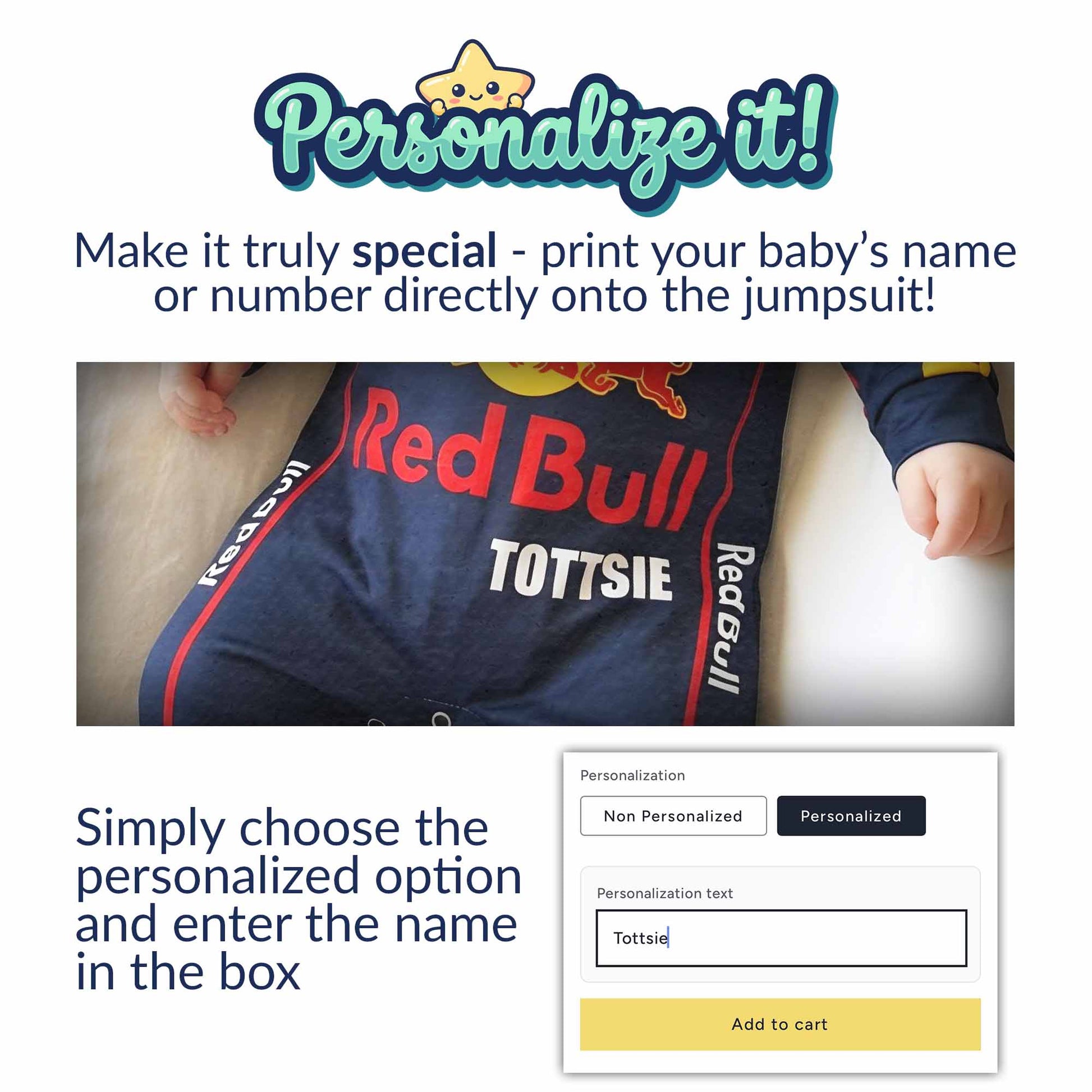Red Bull racing Formula One inspired baby oneise personalization instructions