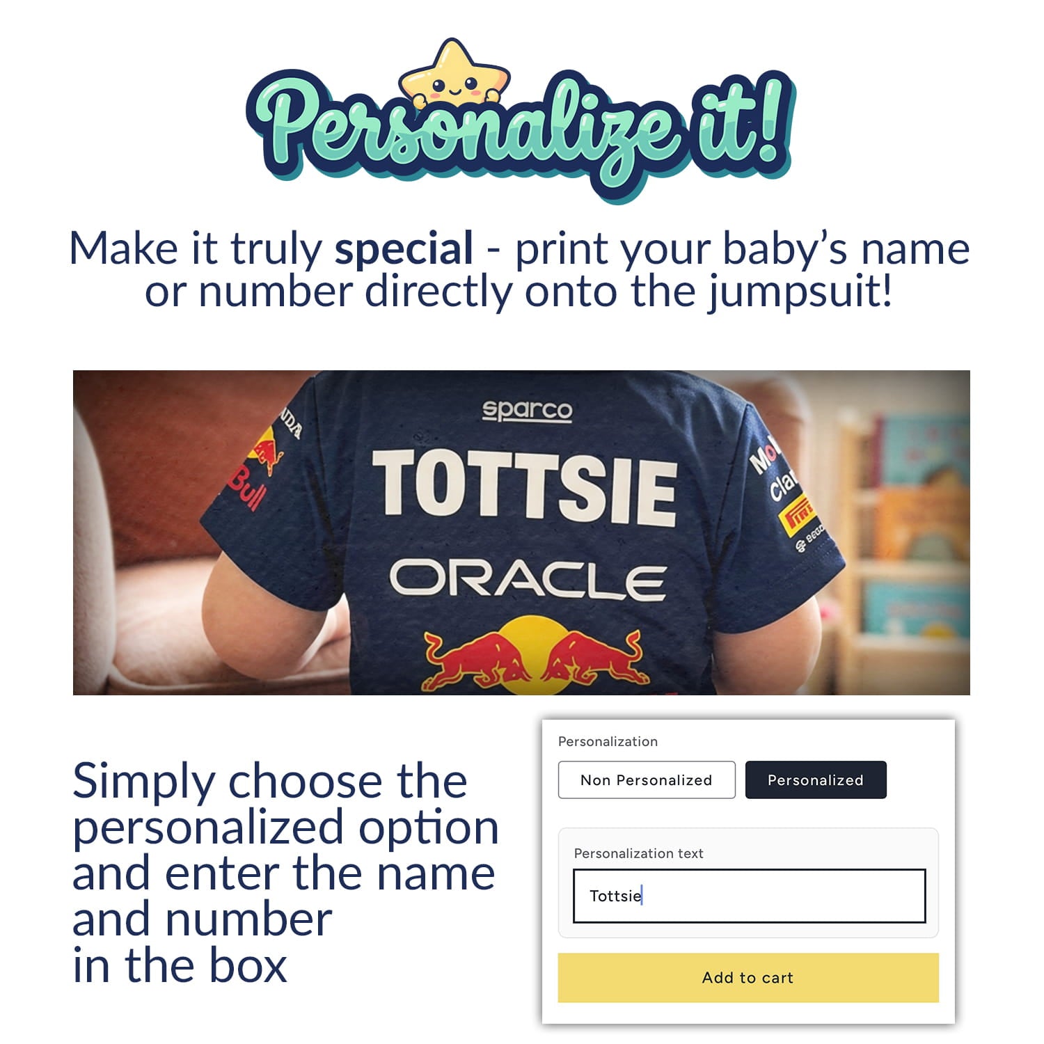 personalzation instruction for a red bull baby onesie bodysuit