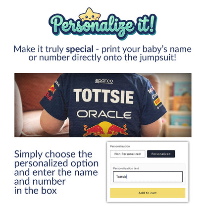 personalzation instruction for a red bull baby onesie bodysuit