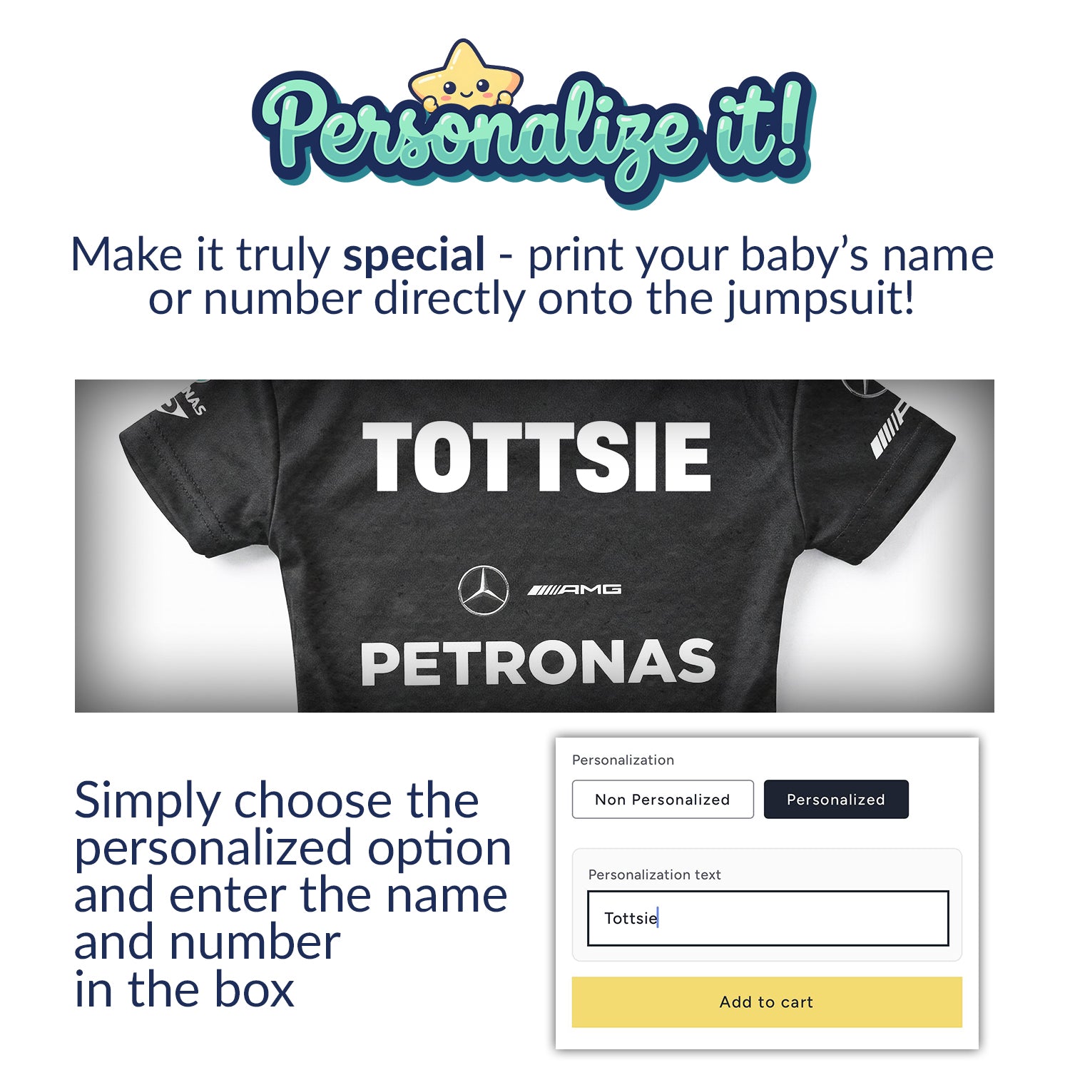 personalization instructions for mercedes f1 baby onesie
