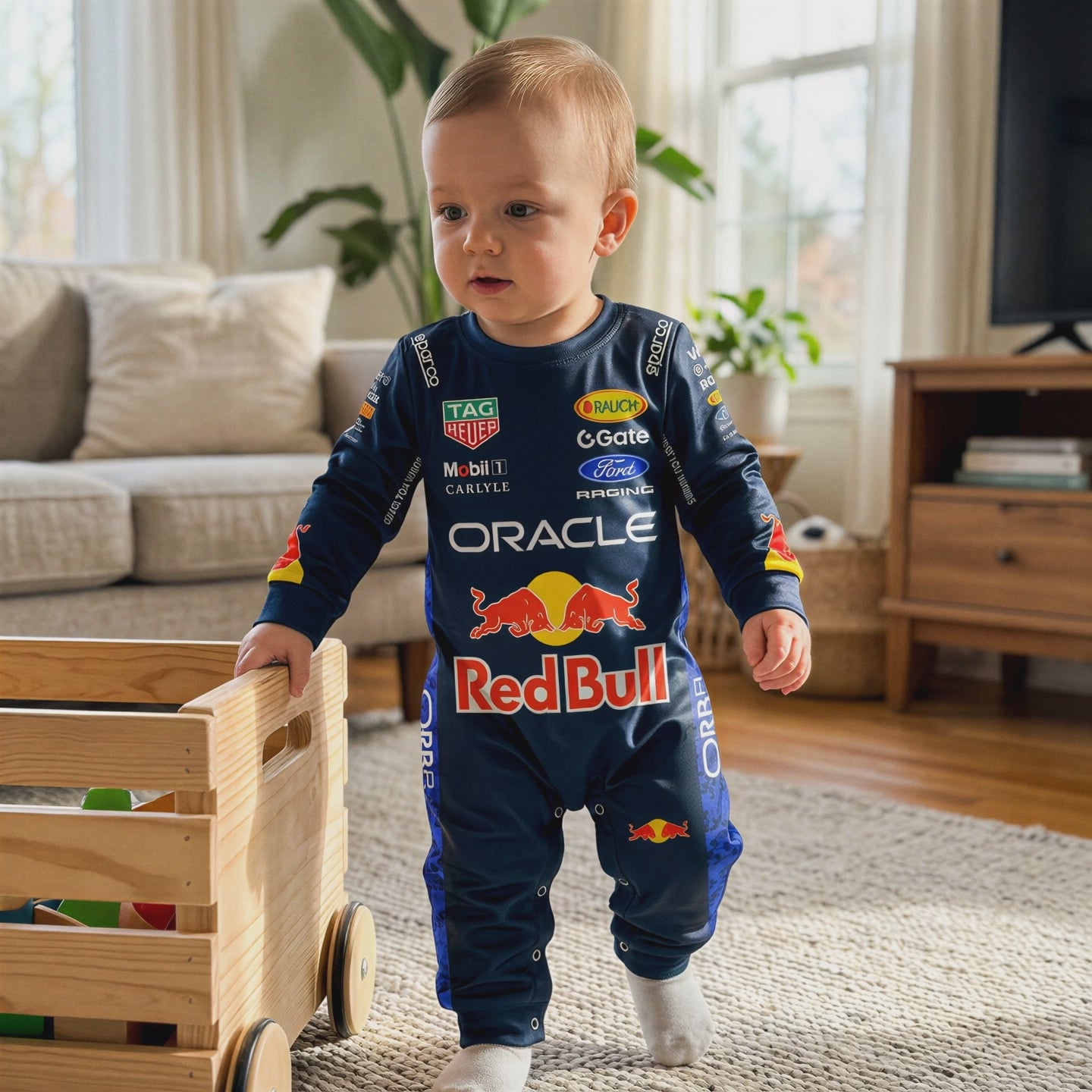 video of a baby walking while wearing a 2026 red bull racing formula one baby onesie