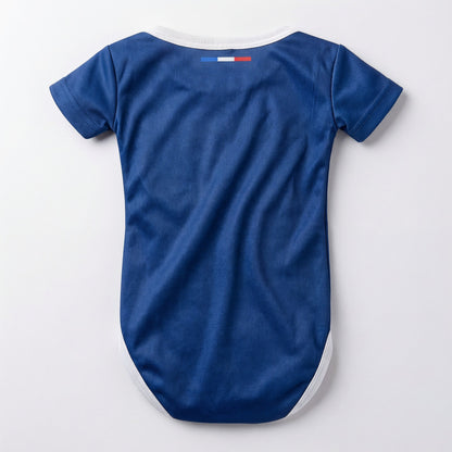 PSG 24-25 baby bodysuit back view plain navy blue with French flag neck label