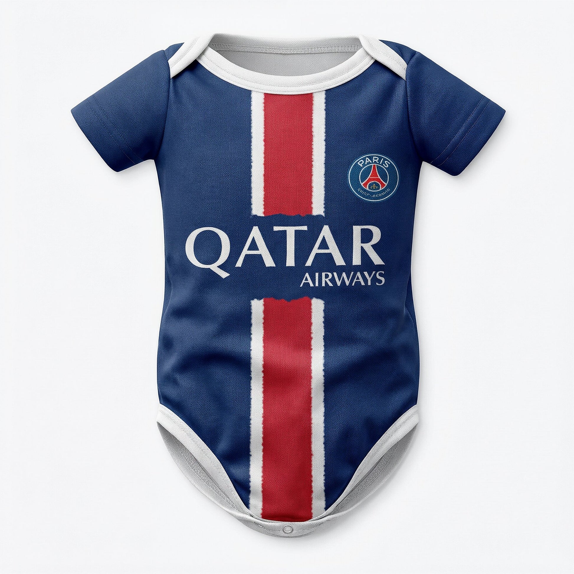 PSG 24-25 baby bodysuit front view navy blue with Qatar Airways sponsor and red stripe