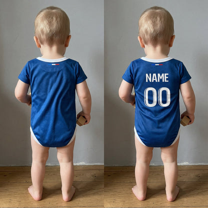 baby wearing PSG bodysuit from behind showing plain back vs custom name and number personalization option