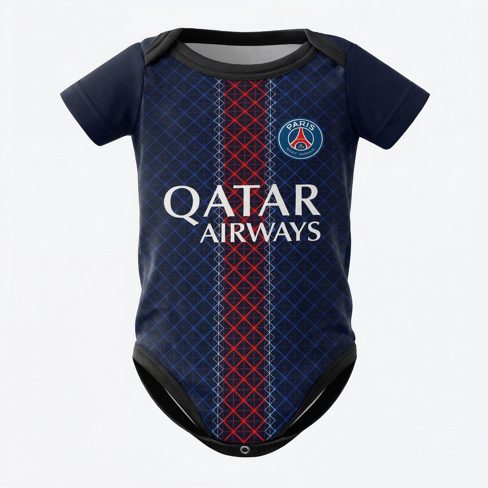 PSG 25/26 baby bodysuit front view with Qatar Airways logo and diamond pattern