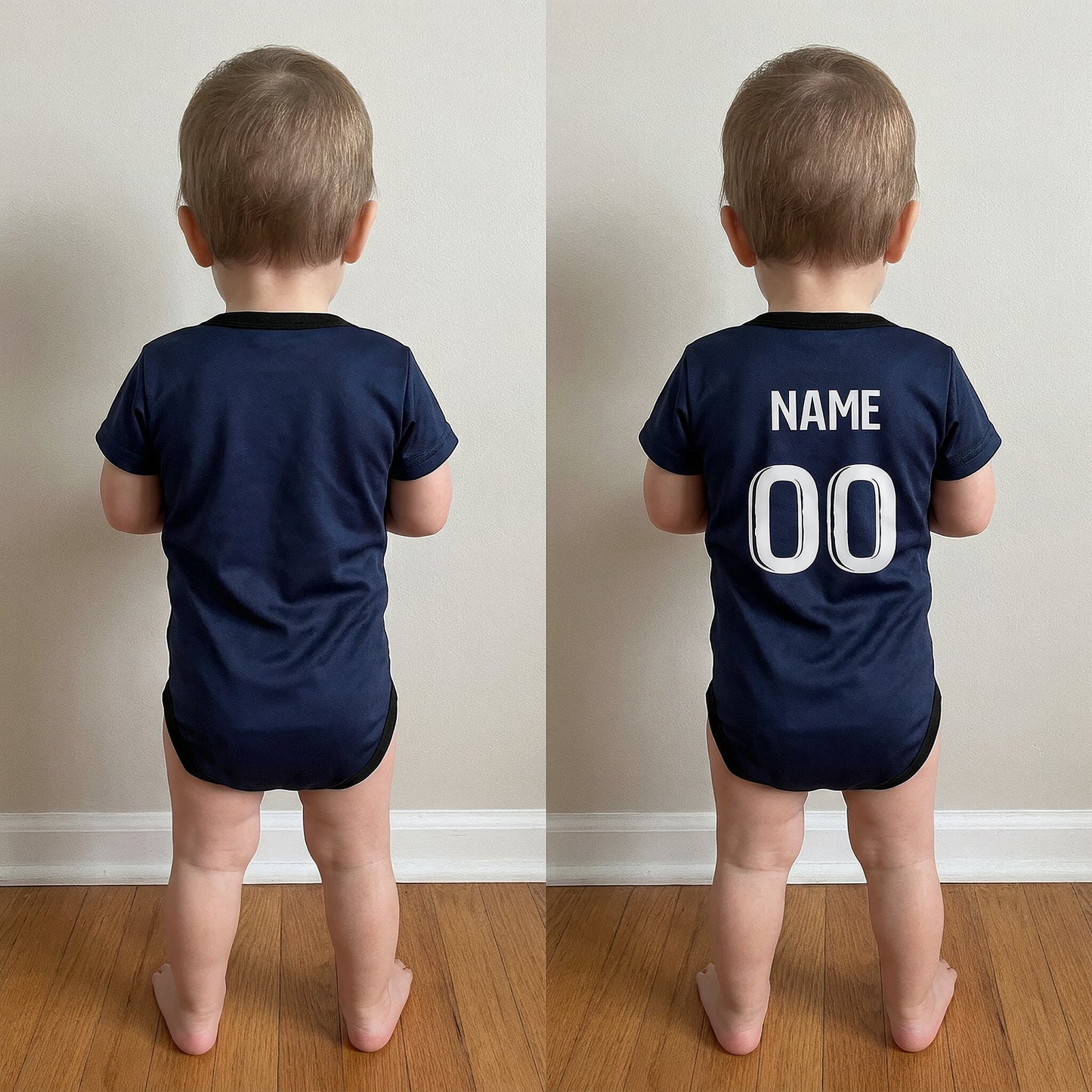 toddler wearing PSG 25/26 bodysuit back view showing plain vs custom name and number print