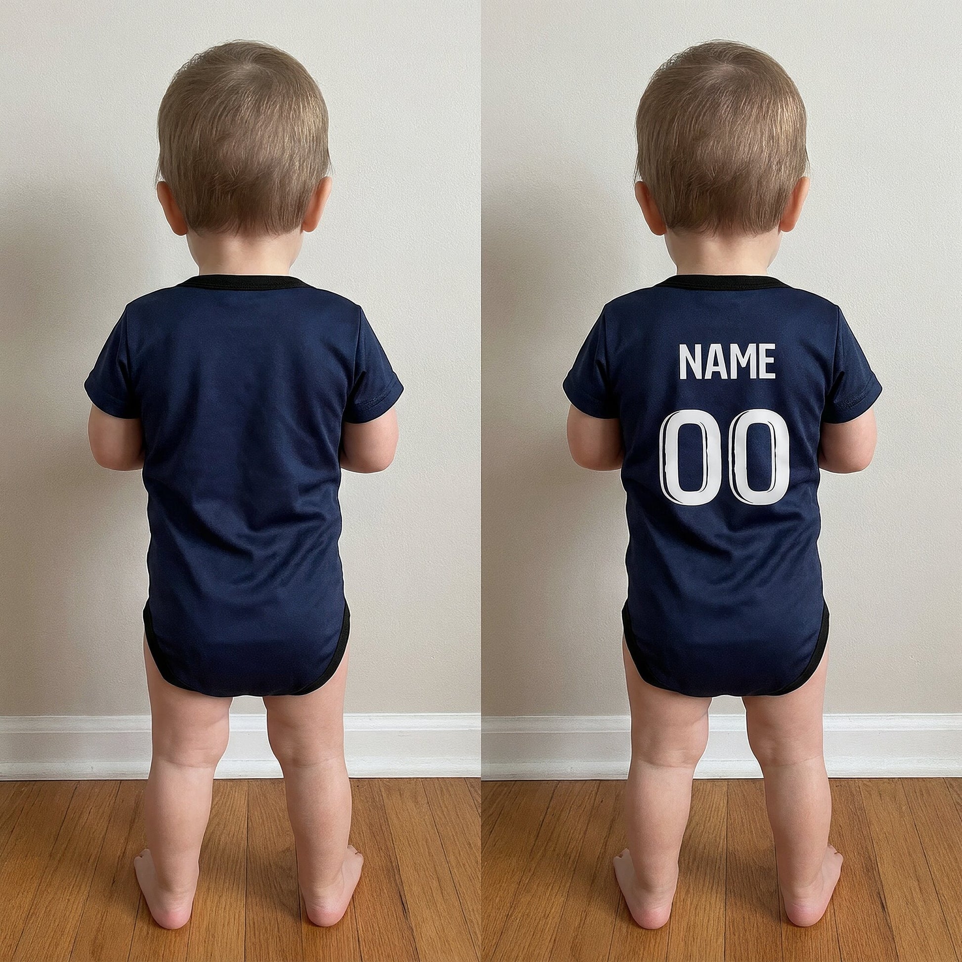 toddler wearing PSG 25/26 bodysuit back view showing plain vs custom name and number print