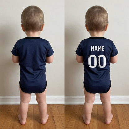 toddler wearing PSG 25/26 bodysuit back view showing plain vs custom name and number print
