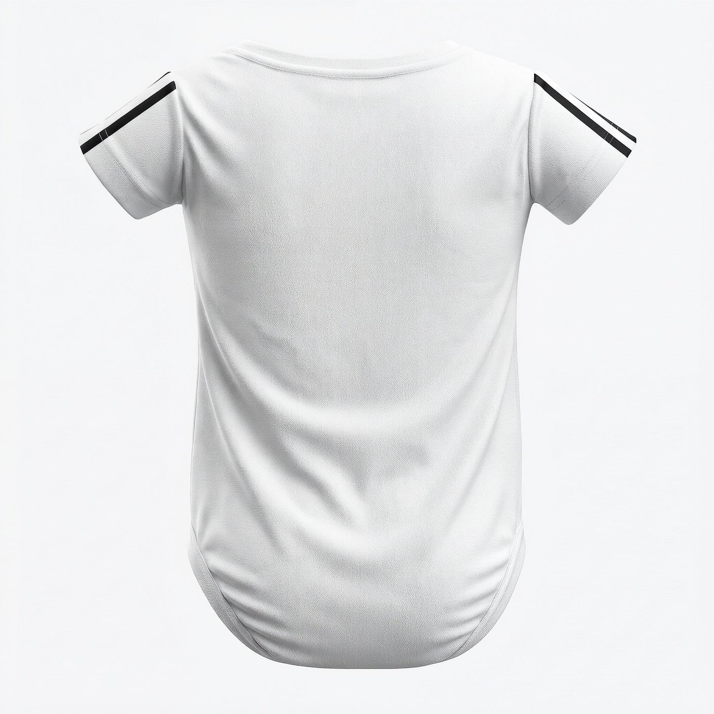Real Madrid 2025-26 baby bodysuit back view plain white with black sleeve stripes