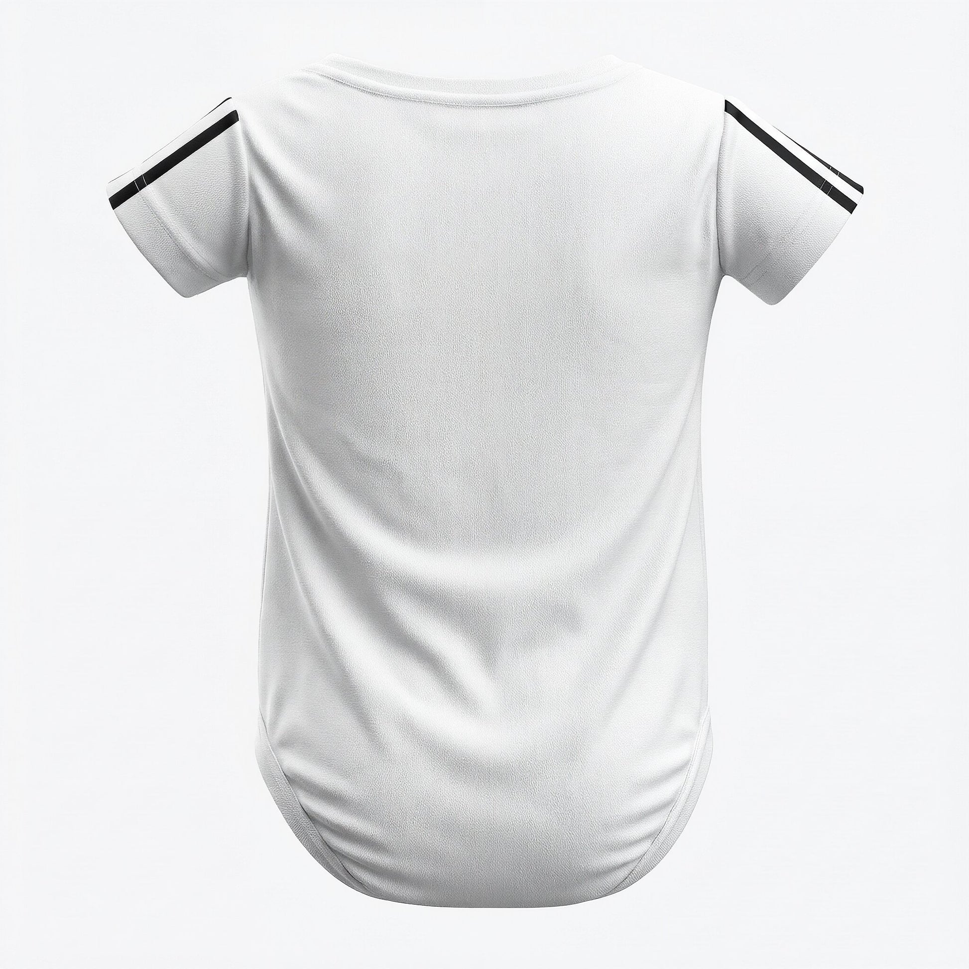 Real Madrid 2025-26 baby bodysuit back view plain white with black sleeve stripes