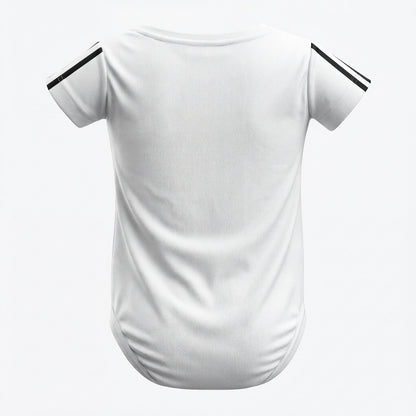 Real Madrid 2025-26 baby bodysuit back view plain white with black sleeve stripes