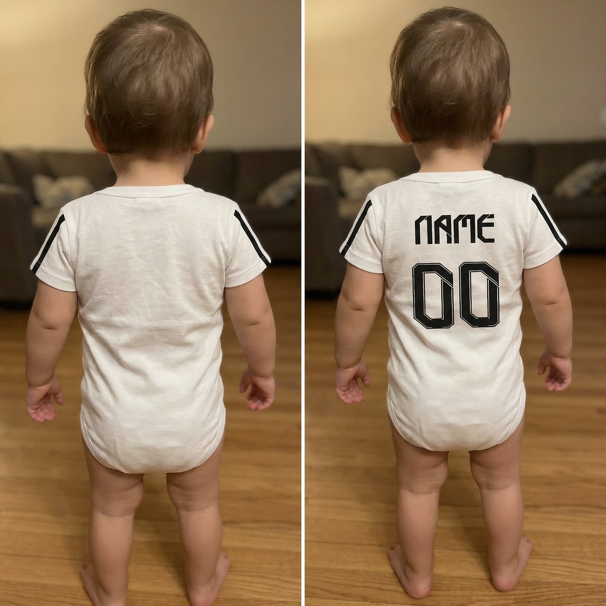 Real Madrid baby bodysuit back - plain vs custom name and number print comparison on toddler