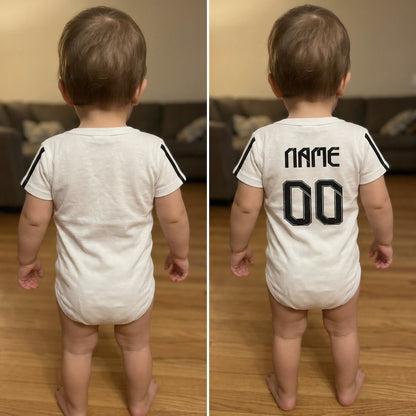 Real Madrid baby bodysuit back - plain vs custom name and number print comparison on toddler