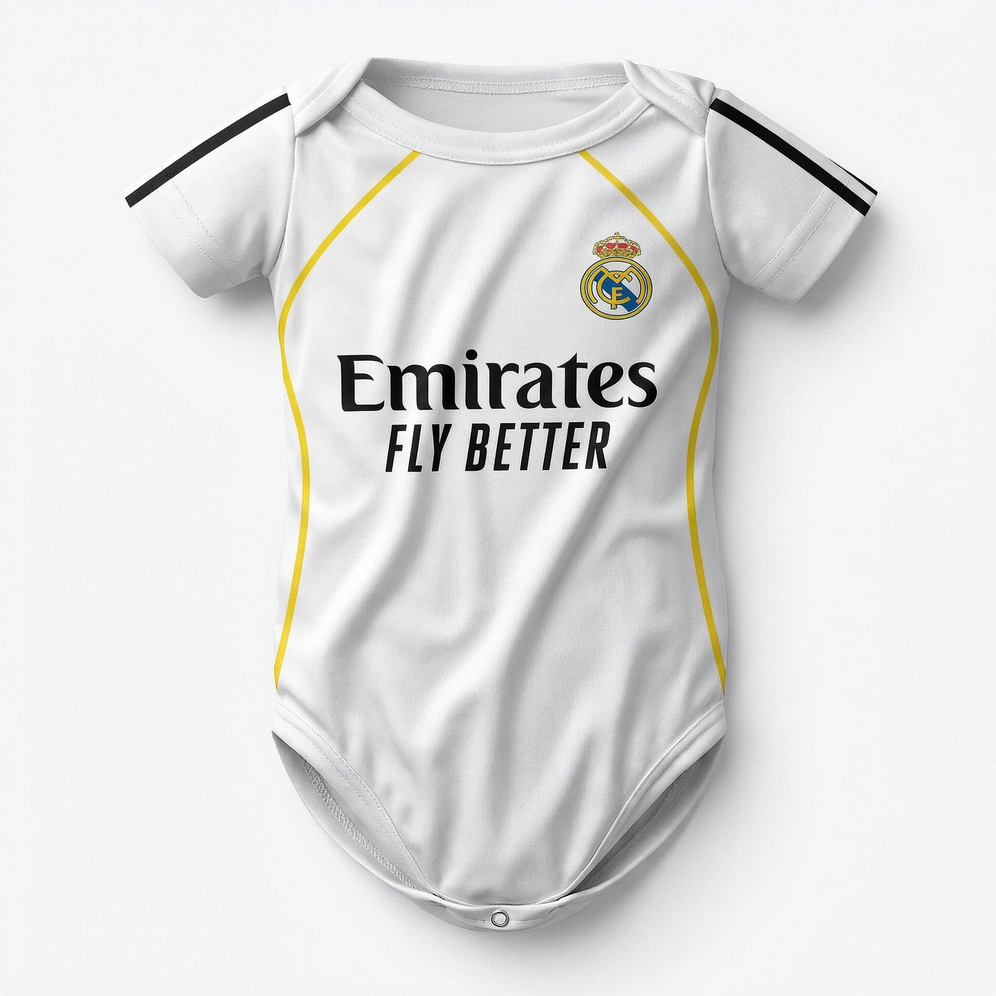 Real Madrid 2025-26 baby bodysuit front view with Emirates Fly Better sponsor and club crest