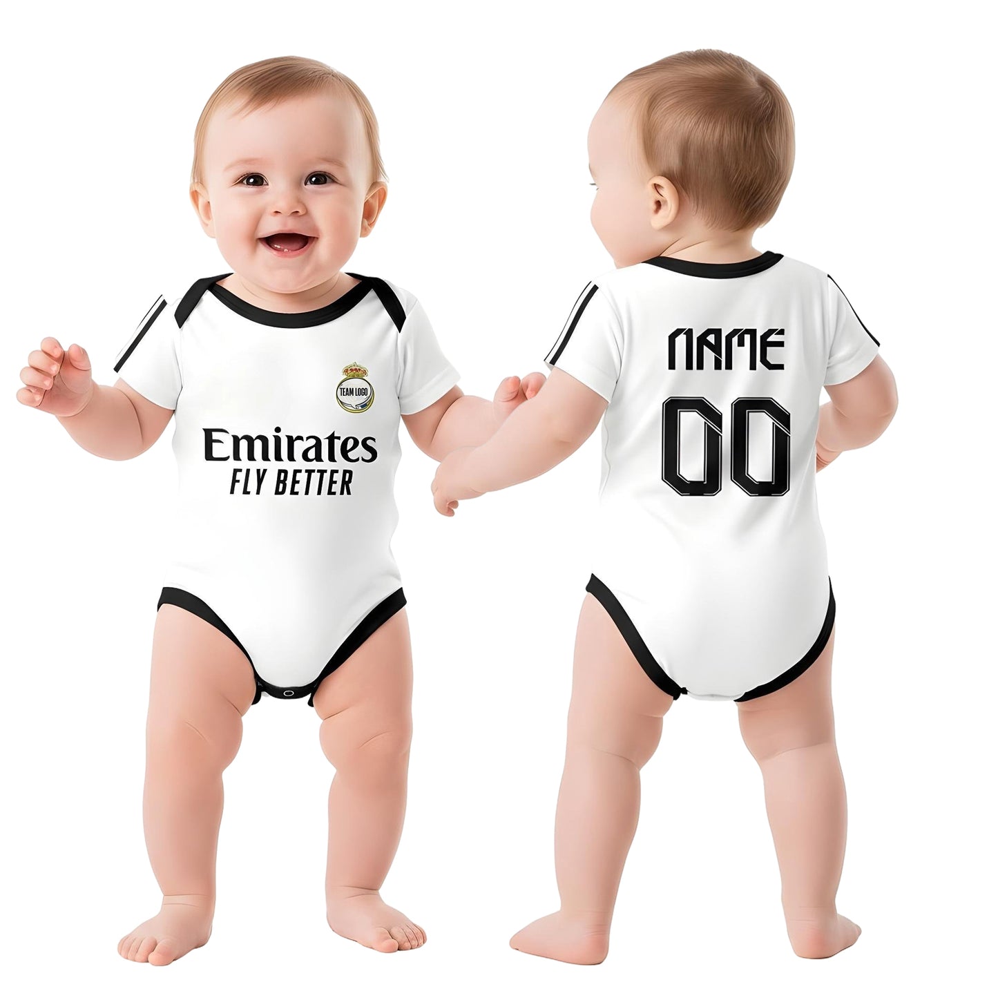 showcase image of the back and front of the real madrid baby oneise