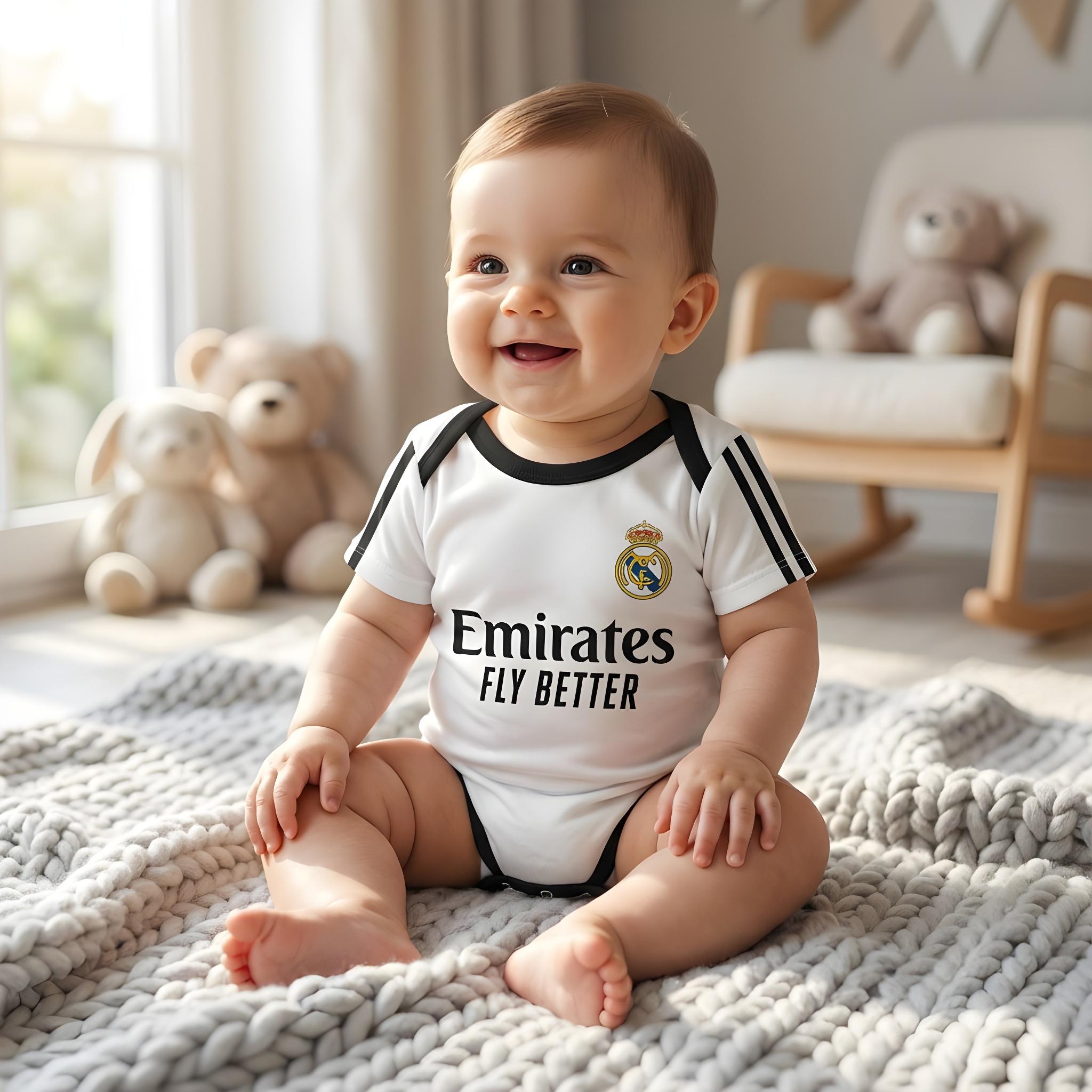 a happy toddler wearing a real madrid baby onesie bodysuit on a soft blanket