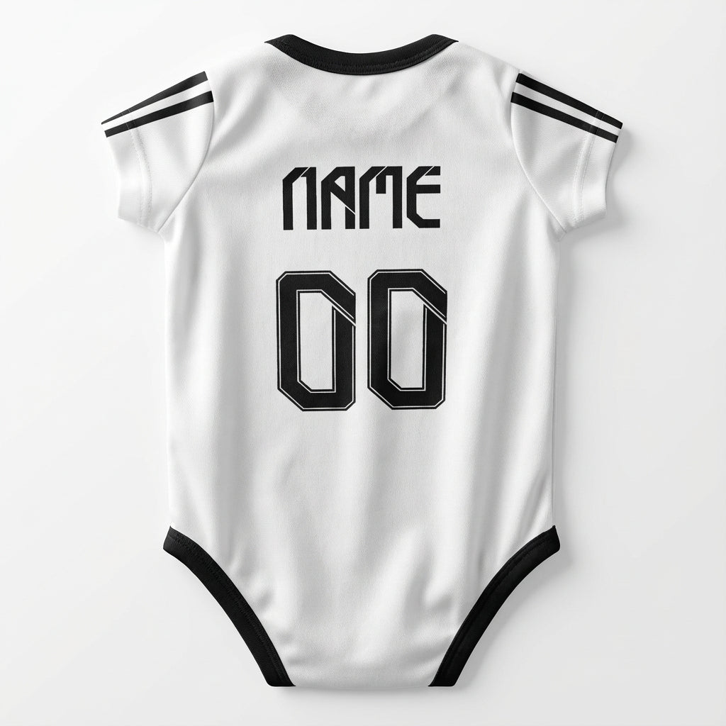 back shot of a real madrid personalzied baby onesie bodysuit