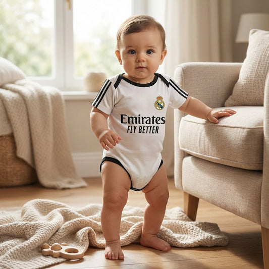 baby wearing a real madrid bodysuit onesie in a living room