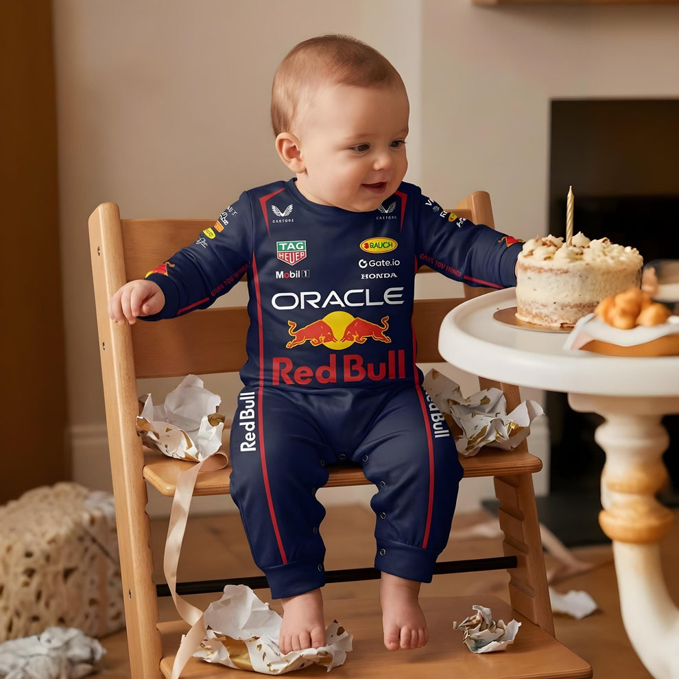 Red Bull inspired Formula 1 baby jumpsuit lifestyle photo