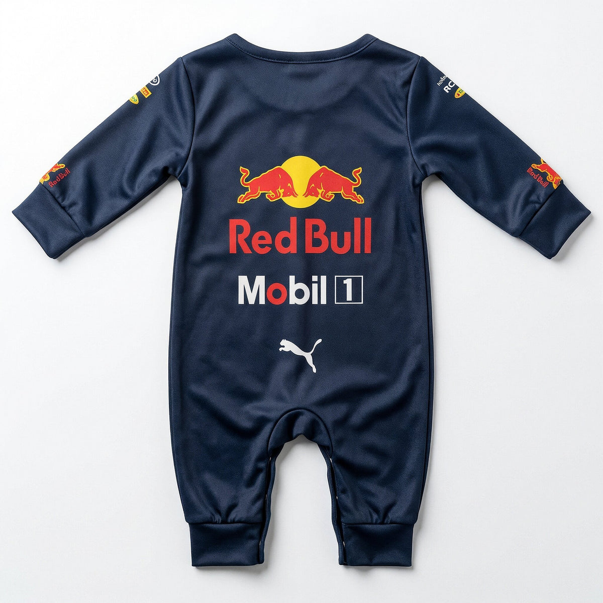 Red Bull 2017 Classic baby romper back view flat lay navy F1 suit with bulls logo Mobil 1 and Puma