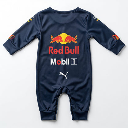 Red Bull 2017 Classic baby romper back view flat lay navy F1 suit with bulls logo Mobil 1 and Puma