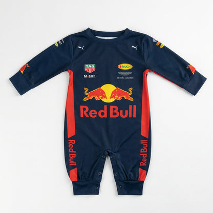 Red Bull 2017 Classic baby romper front flat lay navy F1 racing suit with twin bulls logo and sponsors