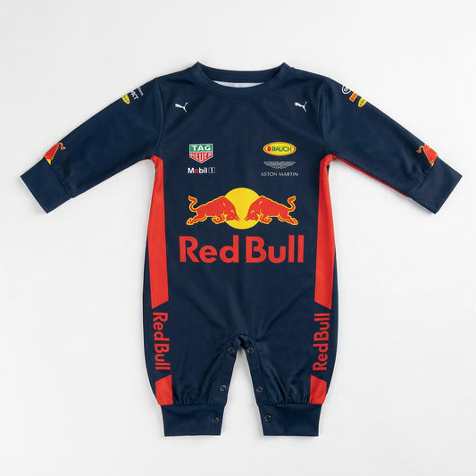 Red Bull 2017 Classic baby romper front flat lay navy F1 racing suit with twin bulls logo and sponsors