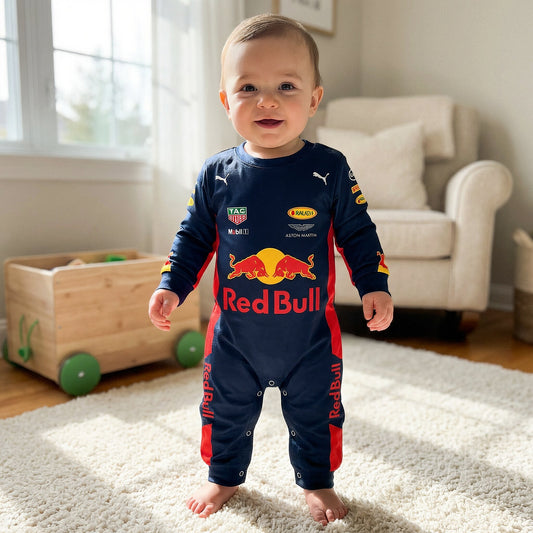 Baby wearing Red Bull 2017 Classic F1 romper standing and smiling in nursery navy racing suit outfit