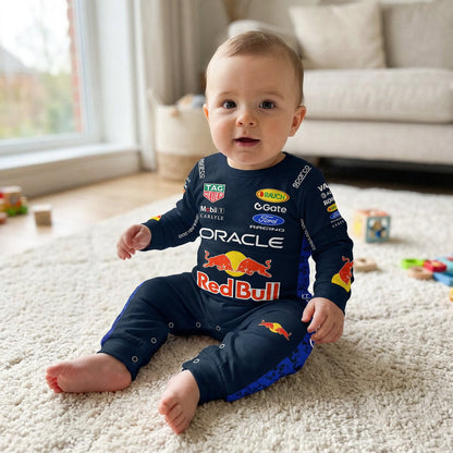 infant sitting on the floor wearing a 2026 red bull racing formula one baby bodysuit