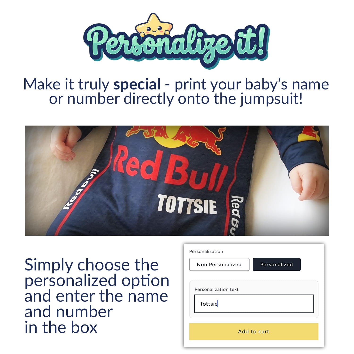 personalization options for Red Bull baby onesie with custom name